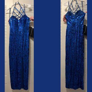 Royal blue sequin formal dress Adrianna Papell halter neck slit 4